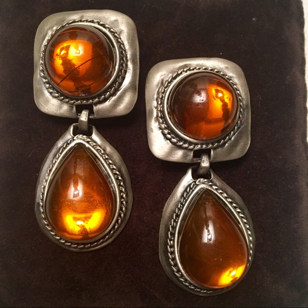 Amber and silver clip on earrings